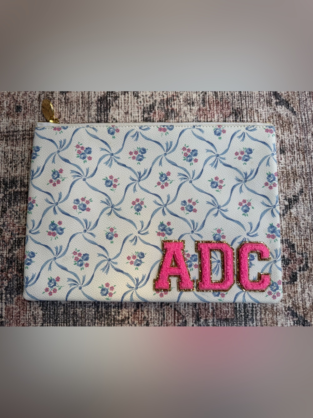 StoneyCloverLane x LoveShackFancy White Floral Zip Clutch, Sewn On Pink Patches
